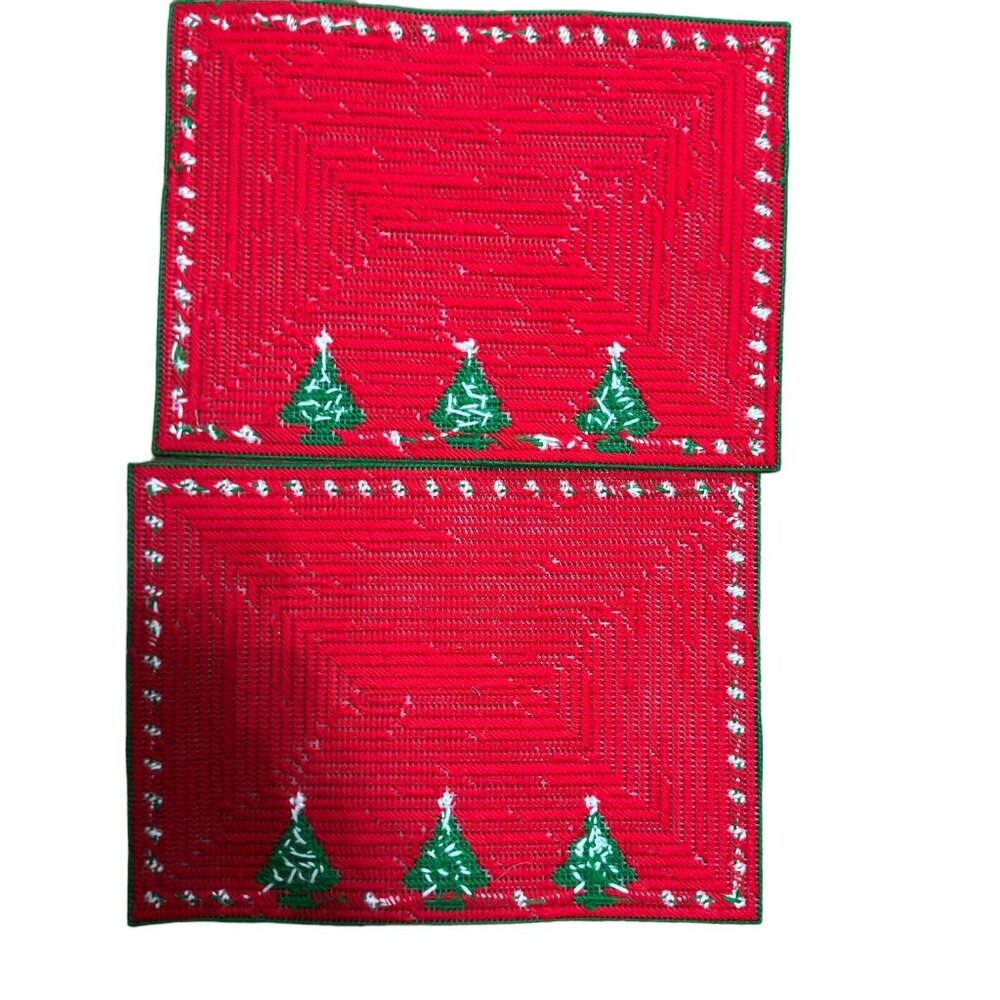 VTG Handmade Needlepoint Two Christmas Placemats 16” X‎ 12 “ Christmas Trees
